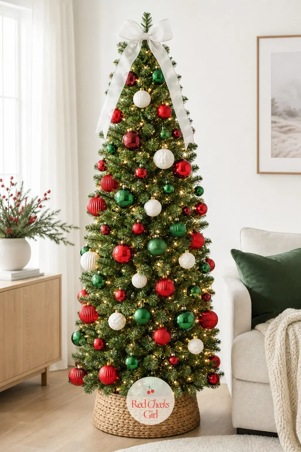 The Bright White Living Room Statement — Pale oak floors and a linen sofa mean the tree carries all the colour in the room, so this slim artificial fir keeps