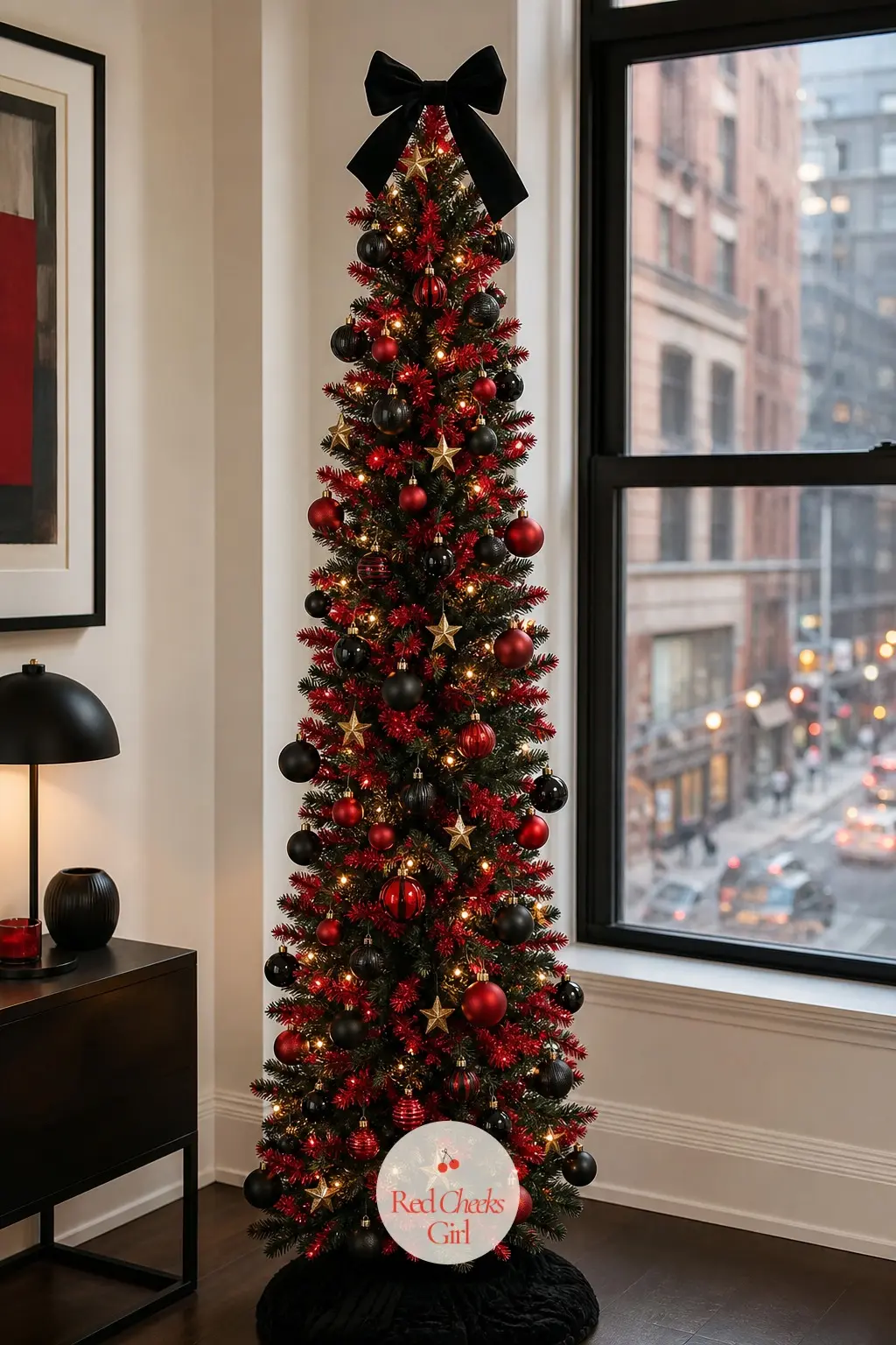 The City Flat Pencil Tree — A view of the street and not much floor space means a pencil shape earns its keep here, dressed in lacquer red and racing green