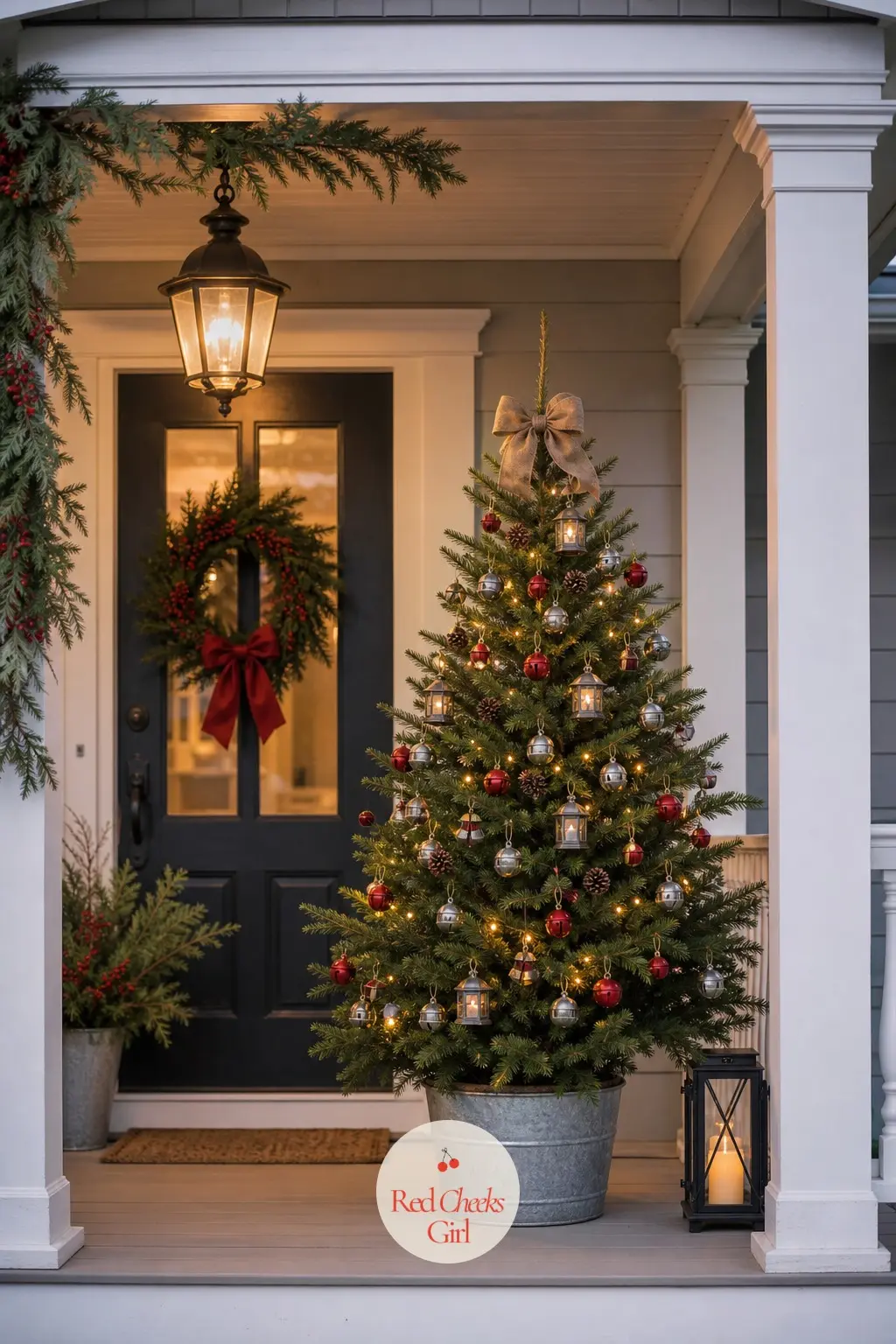 The Covered Porch Potted Spruce — Outdoors but sheltered, this potted living spruce stays small and sturdy, dressed in holly berry red and holly green with