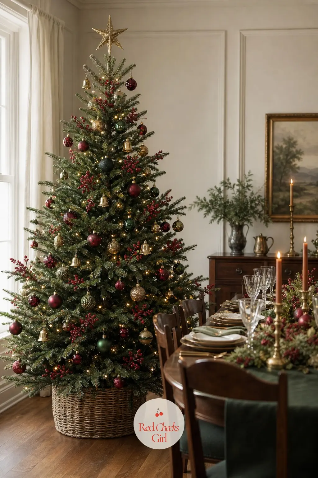 The Dining Room Table Tree — Set just off the laid table, this full real Fraser fir is dressed for the meal rather than for the mantel: brass bells instead of