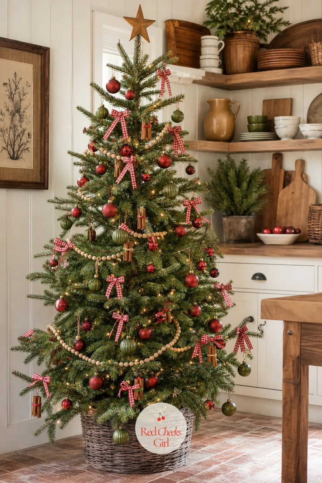 The Farmhouse Kitchen Shelf Tree — Small enough to live on an open shelf next to the everyday dishes, this potted spruce brings brick red and olive green down