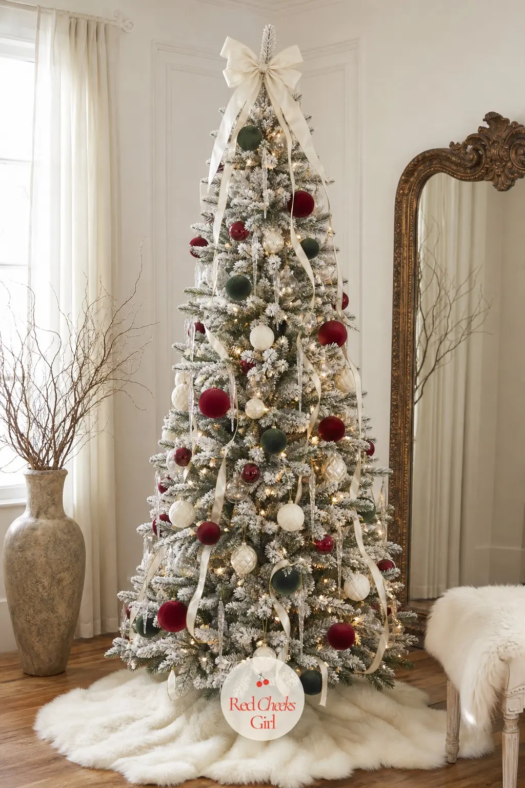 The Flocked Tree in a Calm White Room — Beside an antique mirror, dried branches in a tall vase and a sheepskin underfoot, this real fir gets a light spray