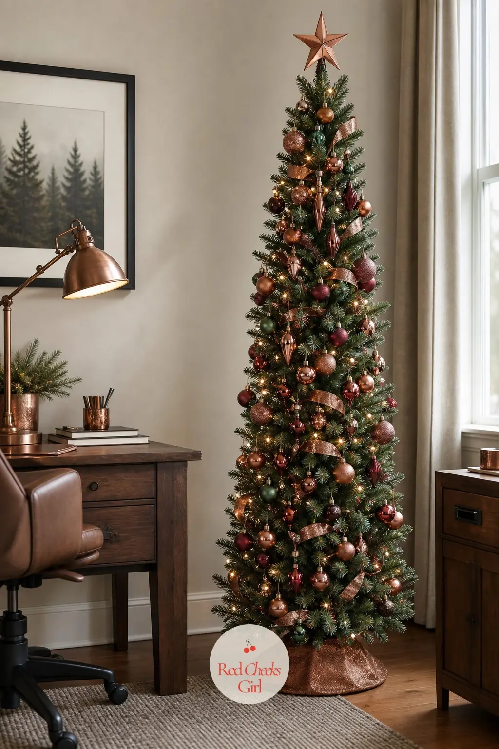 The Home Office Desk Tree — Tucked behind the desk where it will not block the monitor, this slim artificial pencil tree keeps to cranberry and forest green