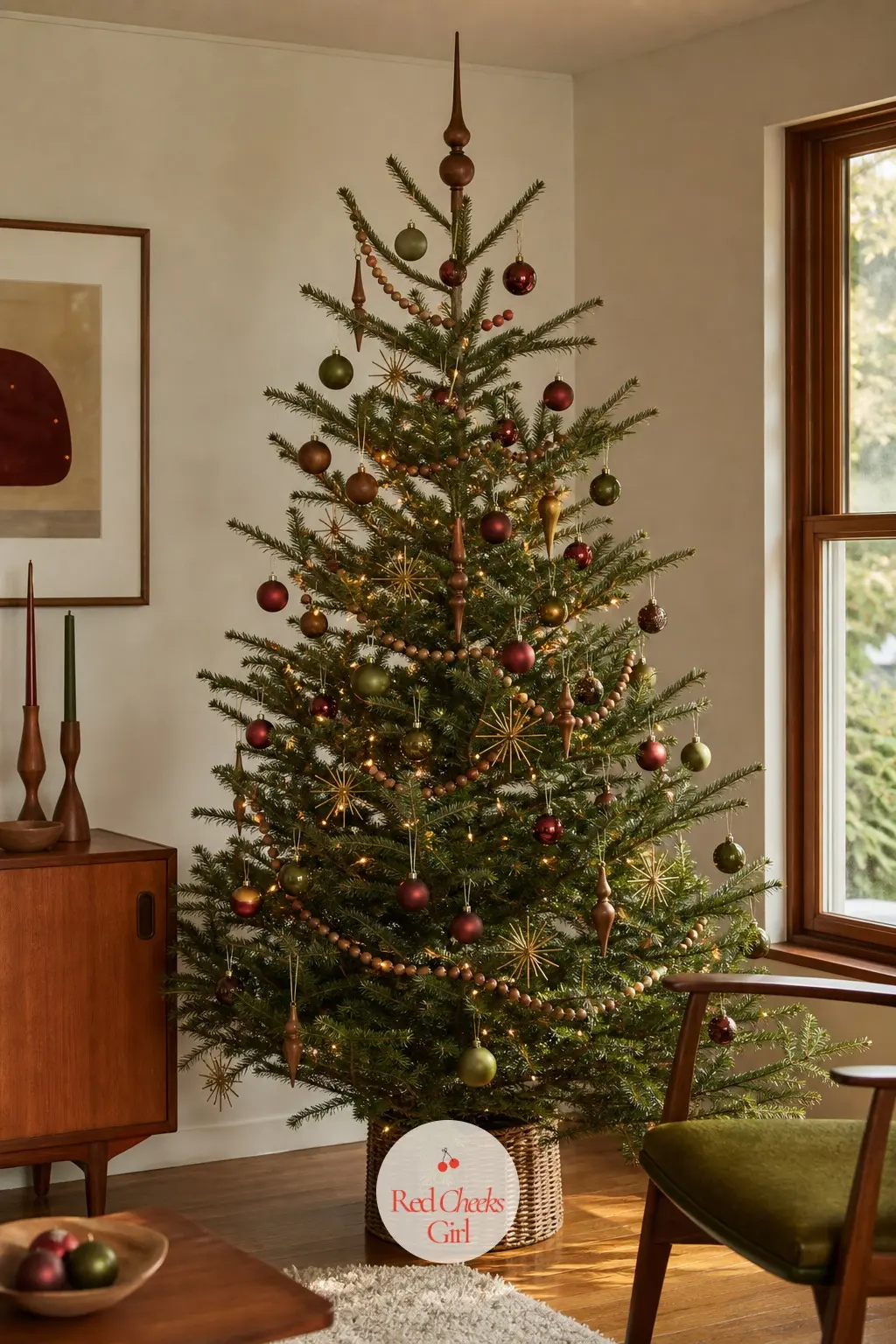 The Mid-Century Teak Room Tree — Teak furniture and a mid-century room call for restraint and natural material rather than shine, so this real fir stays sparse