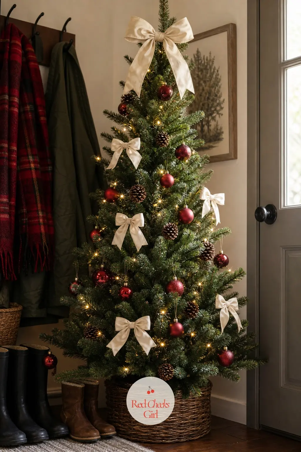 The Narrow Entryway Fir — Space by a front door is usually claimed by coats and boots first, so this real Noble fir stays deliberately narrow, dressed in
