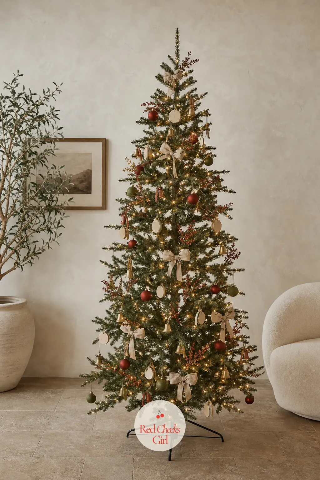 The Pale Plaster Room Sparse Tree — With a curved cream chair, one large plant and a stone floor already doing the talking, this sparse artificial tree stays