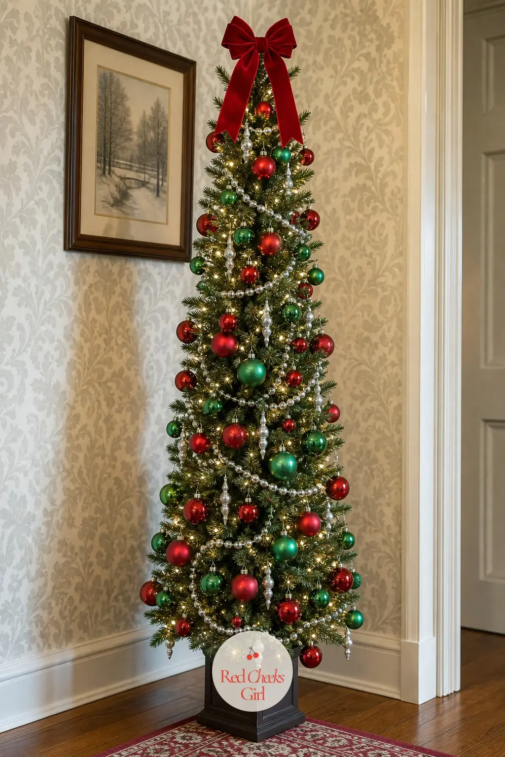 The Papered Hallway Pencil Tree — Against a busy wallpaper, a slim profile does the sensible thing and gets out of the pattern's way. Red and green christmas