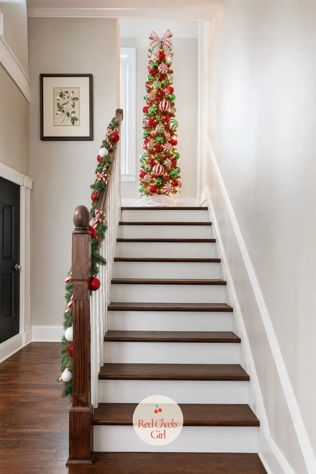 The Staircase Landing Peppermint Tree — At the top of the stairs where everyone passes it twice a day, this slim artificial tree turns playful on purpose