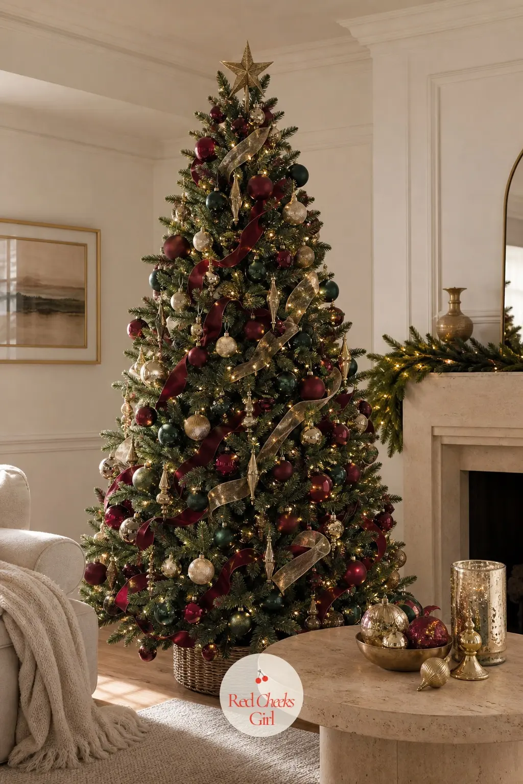 The Travertine Table Elegant Tree — In a serene white sitting room with a low travertine table and a cashmere throw, this full artificial tree goes for wine