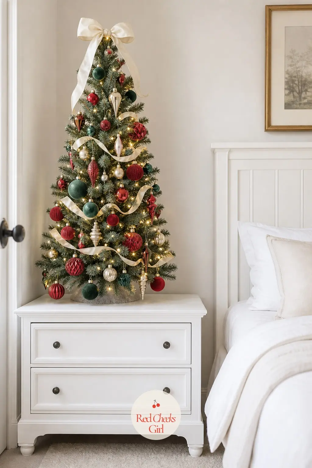 The White Bedroom Dresser Tree — Small enough for a dresser top, this artificial mini tree sits in a white bedroom with linen bedding and little else to
