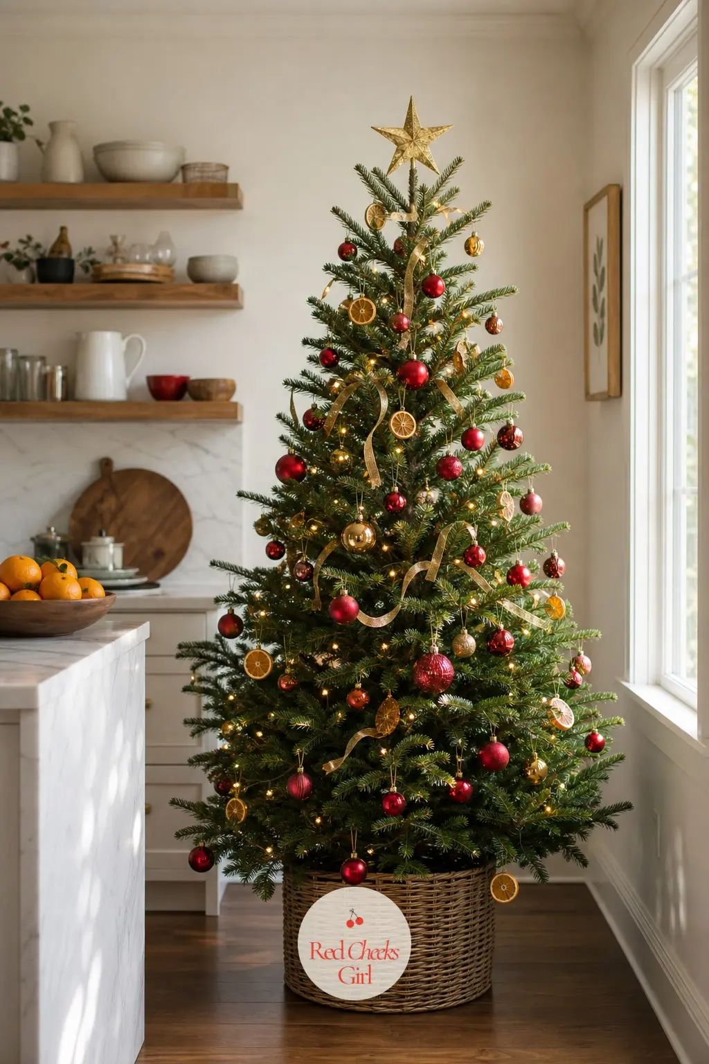 The White Kitchen Counter Tree — Next to a marble counter and a bowl of citrus, this small potted real fir borrows its third ornament straight from the room