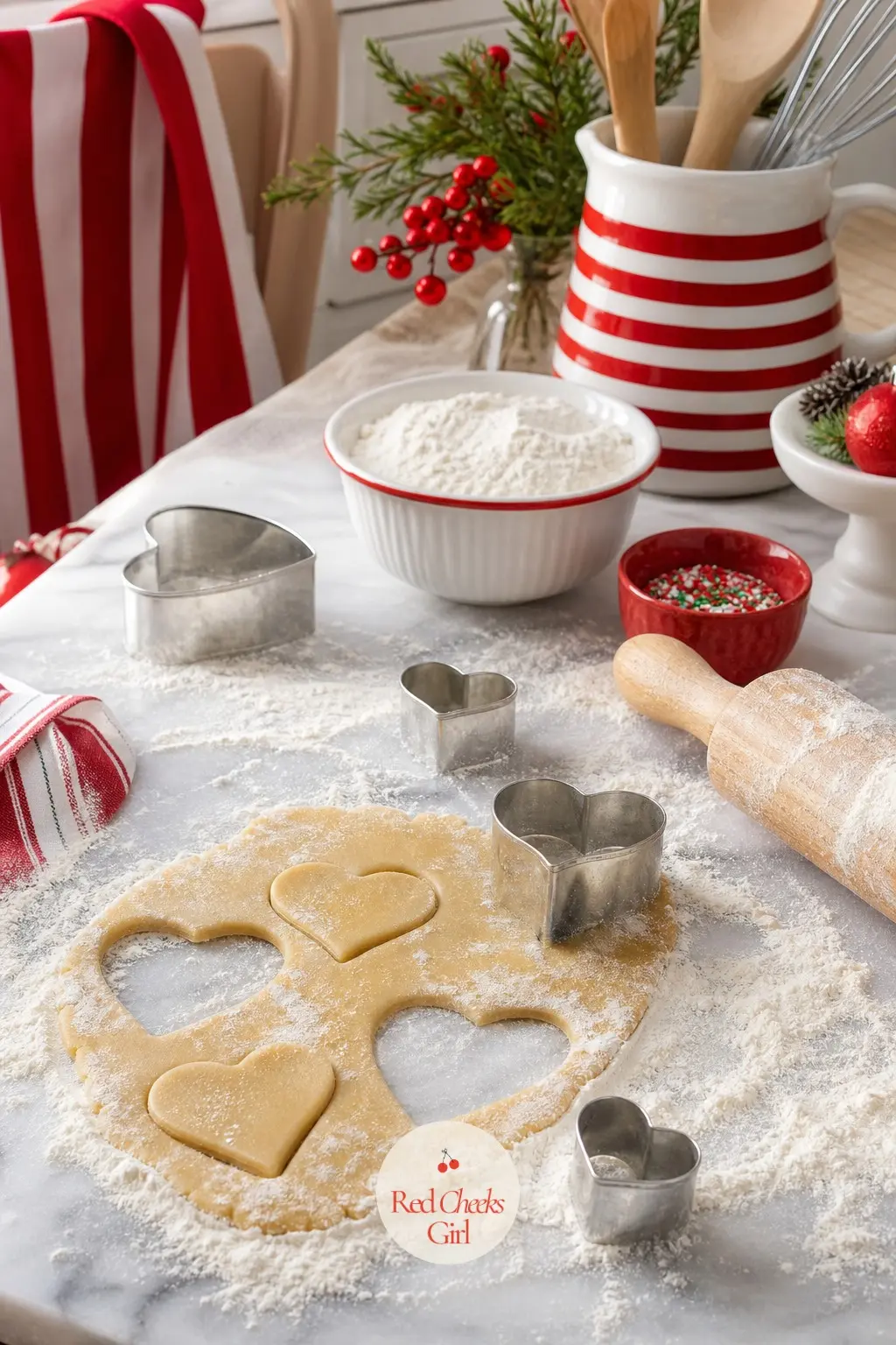 The Baking Counter — A marble board holds a dusting of flour and a set of six nesting heart cookie cutters, mid use rather than staged. Red and white christmas