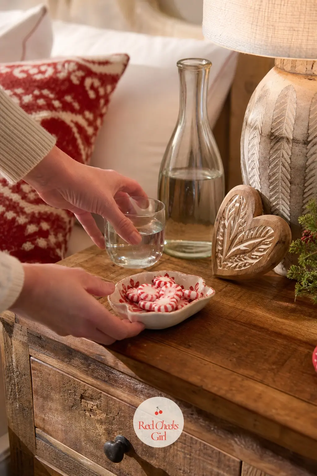 The Bedroom Nightstand — A carafe and glass sit beside a small dish of peppermints, with one carved wooden heart leaning against the lamp base. Red and white
