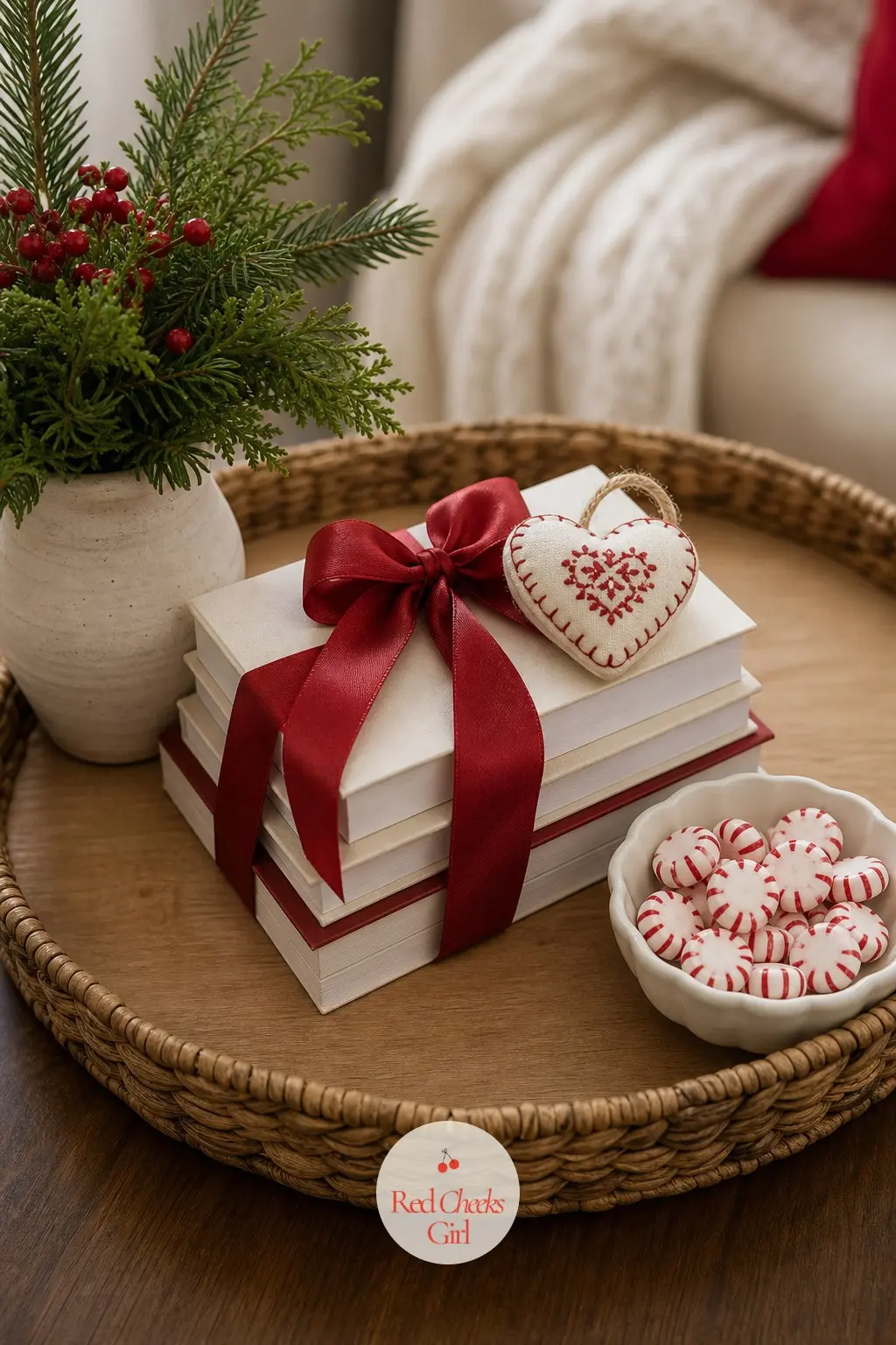The Coffee Table Tray — A round wooden tray holds a short stack of books tied in red and white ribbon, with a small white bowl of peppermints set beside them.