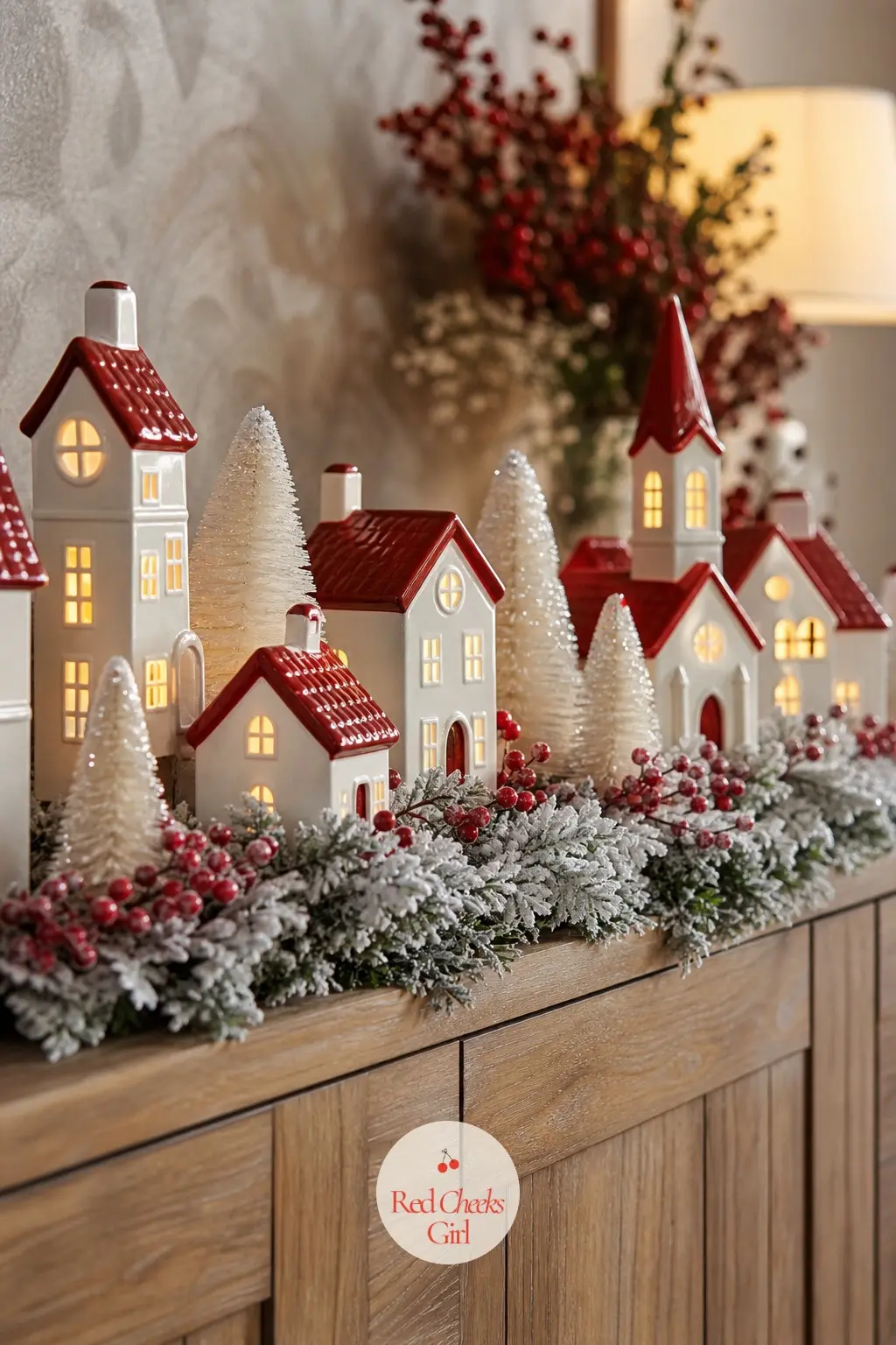 The Credenza Village — A row of ceramic houses with red roofs and white walls lines the credenza, each one lit from inside with a warm micro light. Red and