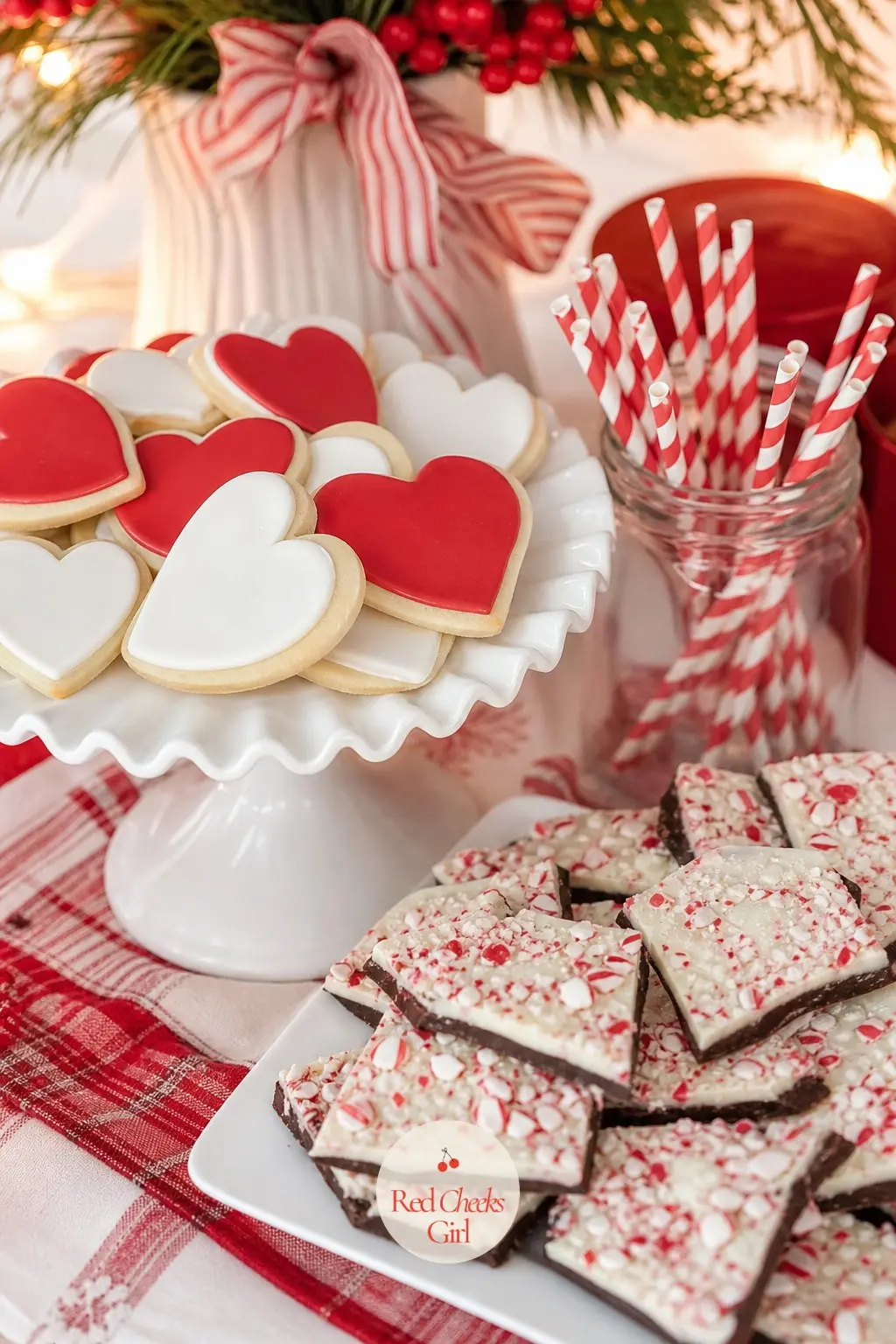 The Dessert Table — A white cake stand holds frosted sugar cookies cut into hearts, flanked by a platter of peppermint bark broken into shards. Red and white