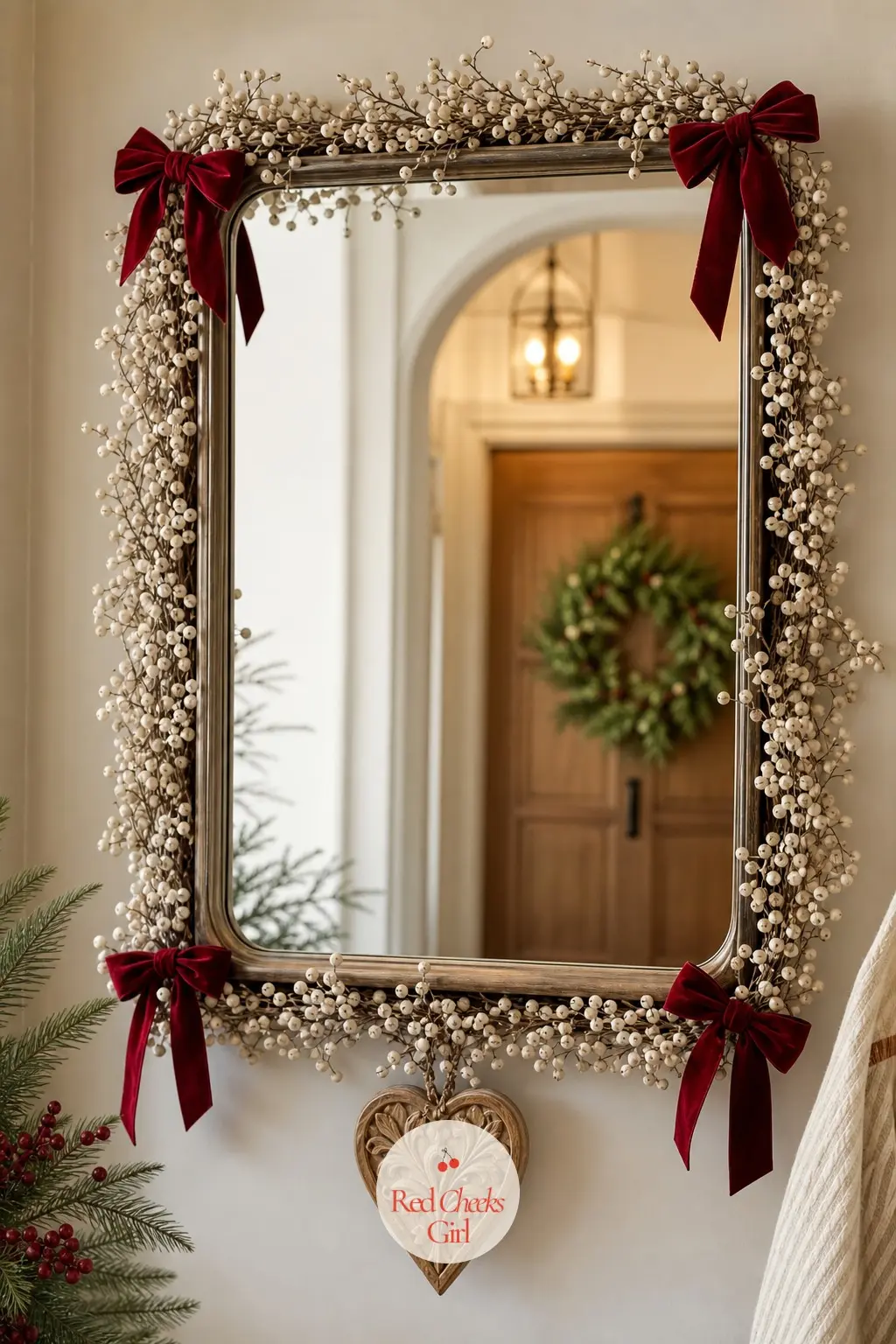 The Foyer Mirror — A soft garland of white berries wraps the mirror frame, with four small velvet bows pinned at the corners so it reads as finished rather