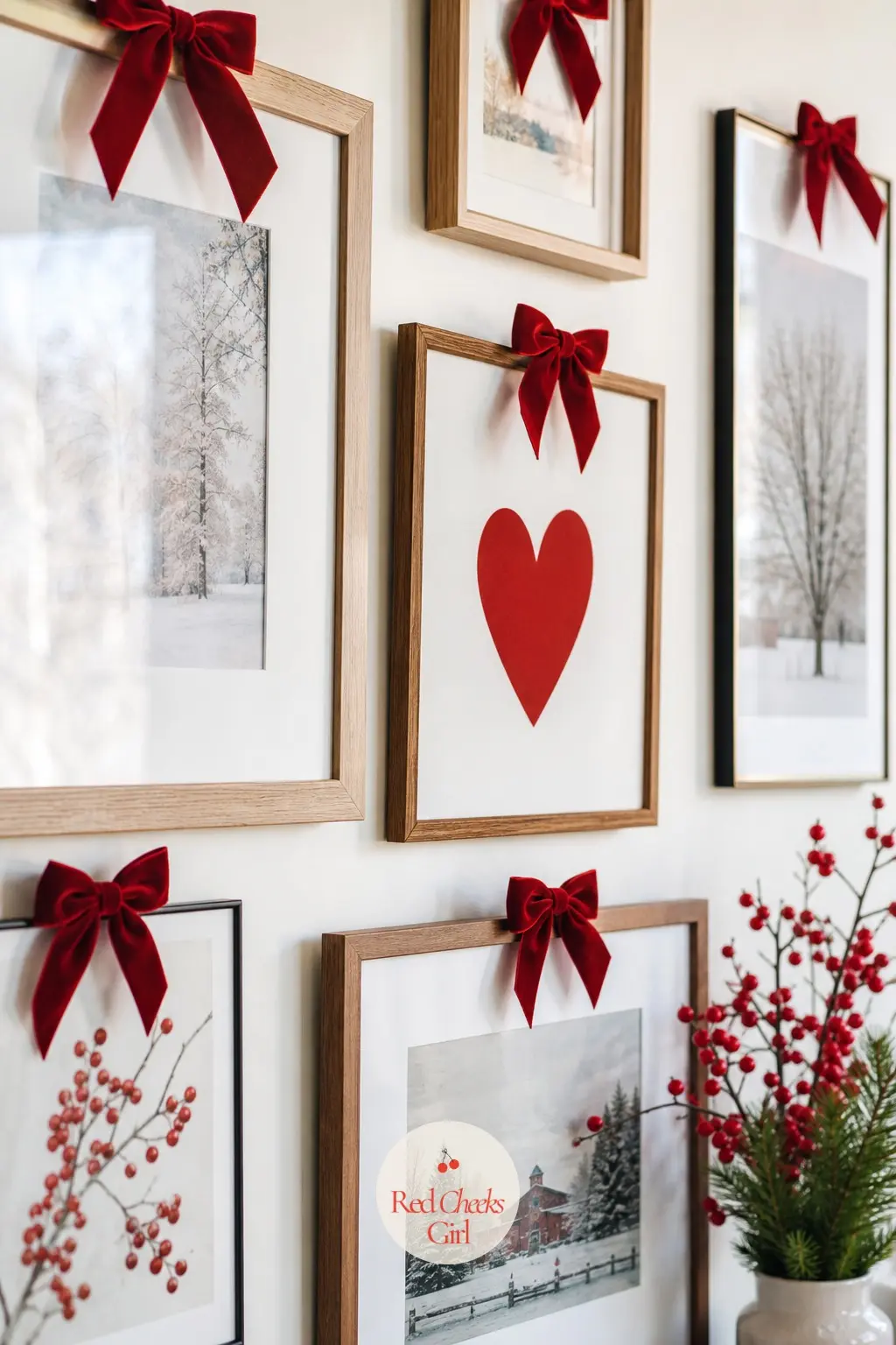 The Gallery Wall — Six small velvet bows pin to the top corner of six existing frames, no new art needed. Red and white christmas decor