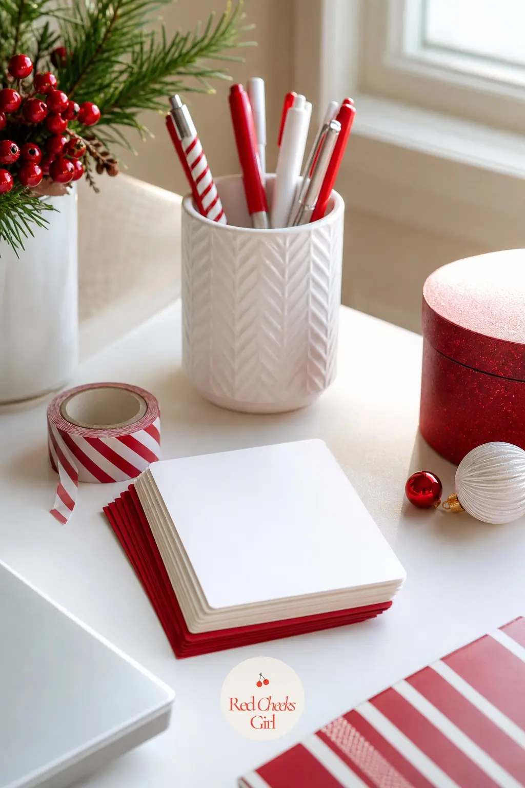 The Home Office Desk — A roll of candy stripe washi tape sits beside a stack of blank cards waiting to be written, with a plain white mug holding pens nearby.