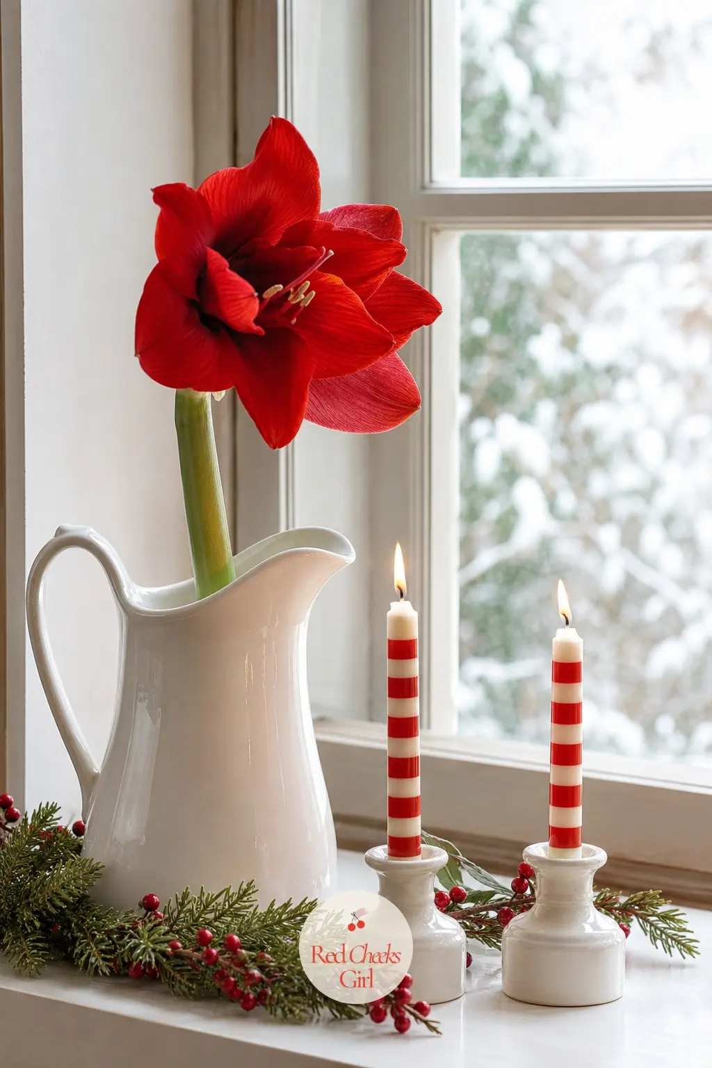 The Kitchen Windowsill — A white ironstone pitcher holds a single faux red amaryllis stem, set beside a pair of short striped taper candles. Red and white