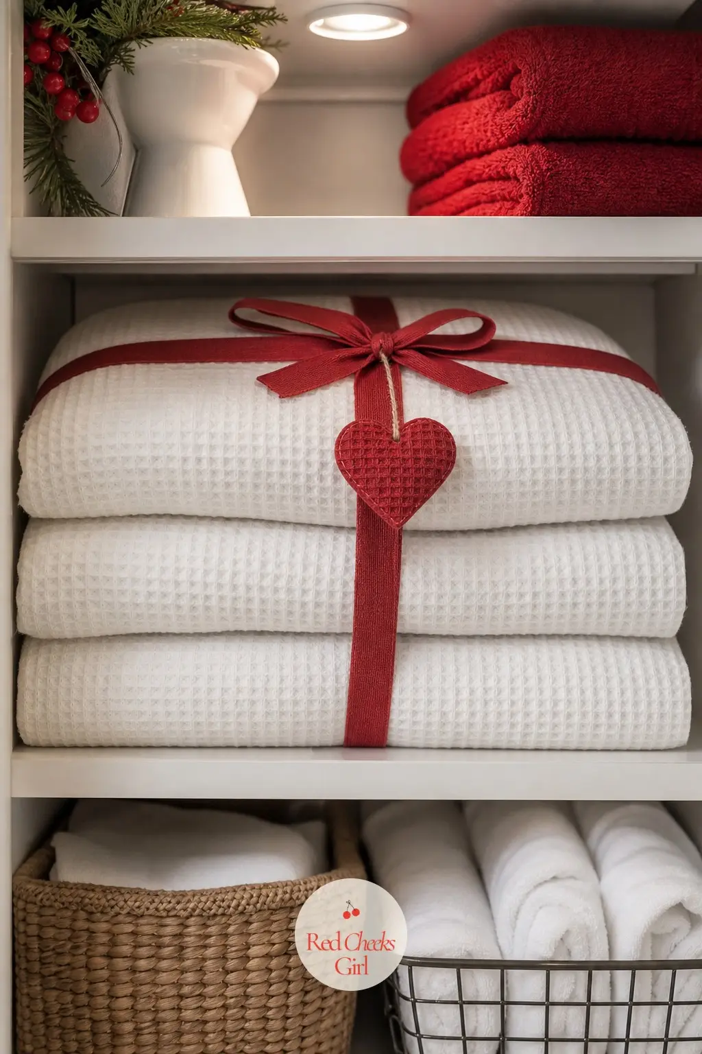 The Linen Closet — A stack of eight white waffle weave towels sits tied in red ribbon on the open shelf, with a small heart shaped tag tucked under the bow.