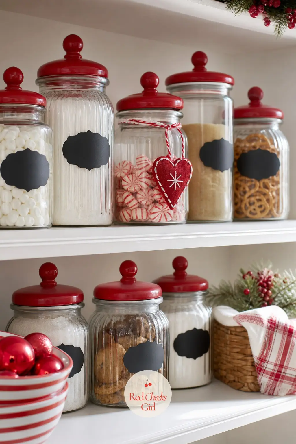 The Pantry Shelf — Six glass canisters with red lids line the shelf, each labelled in plain chalkboard script. Red and white christmas decor