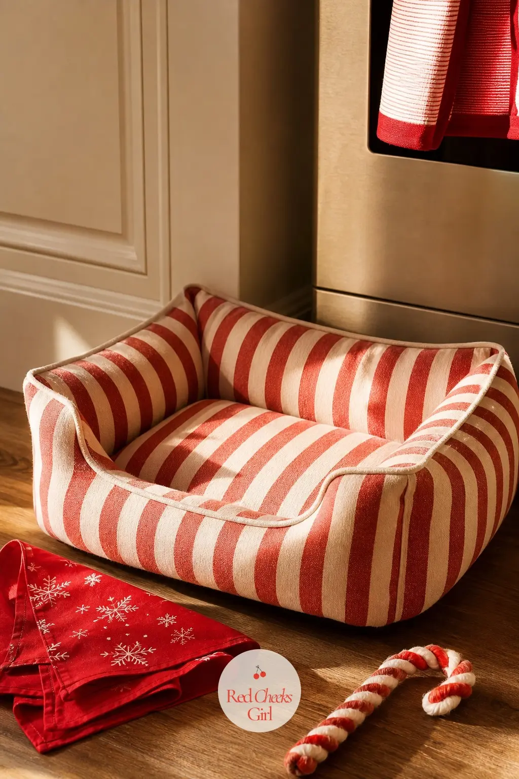 The Pet Corner — A striped cover slips over the pet bed in the corner of the kitchen, with a small red bandana folded beside it for the dog who actually lives