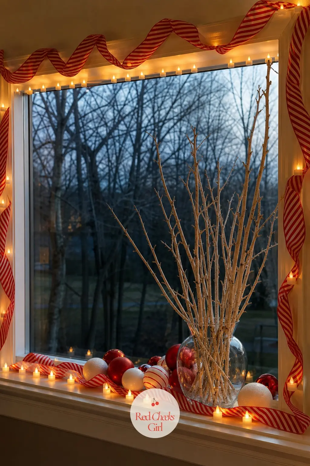 The Picture Window — Battery candles sit in each pane while a length of striped ribbon runs along the top of the frame like a ribbon-wrapped gift box. Red and