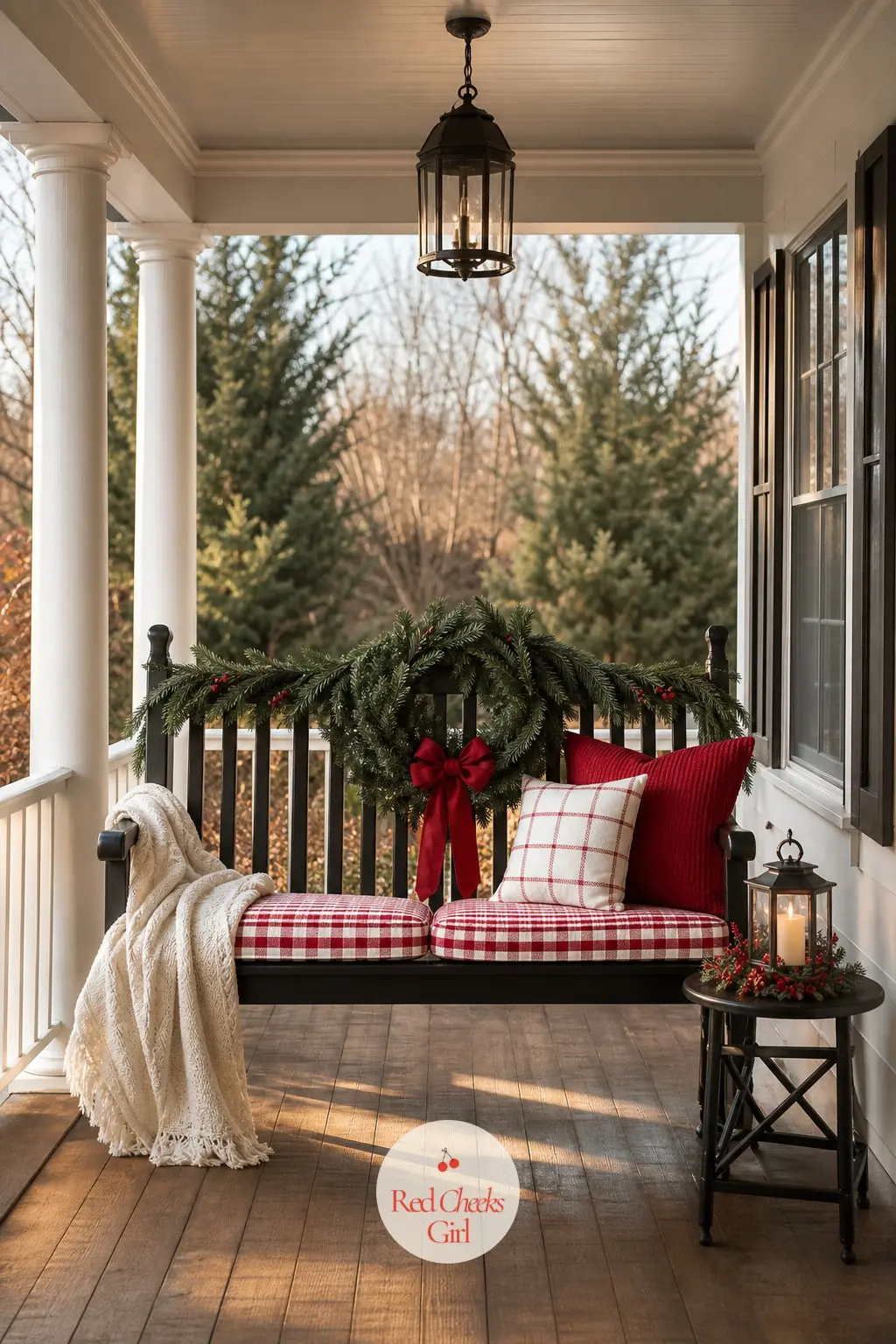 The Porch Chairs — Two gingham seat cushions turn a plain porch bench into a place worth sitting, with a folded white wool throw draped over one arm for anyone