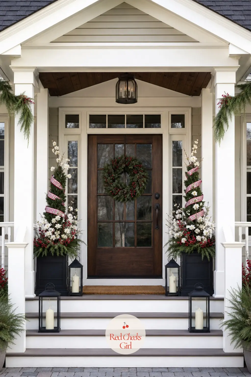 The Porch Planters — A pair of topiary planters flanks the door, each one wrapped in weatherproof striped ribbon tied low near the pot rim. Red and white