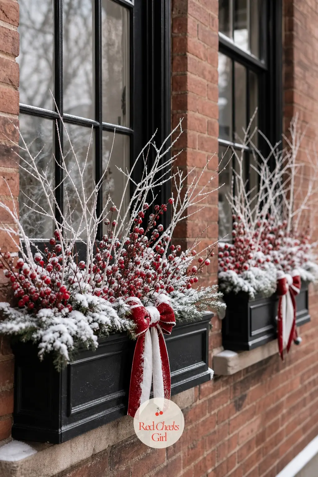 The Window Boxes — Each window box along the front gets the same faux snow spray base, white twig filler and a cluster of red berries pushed in at an angle.