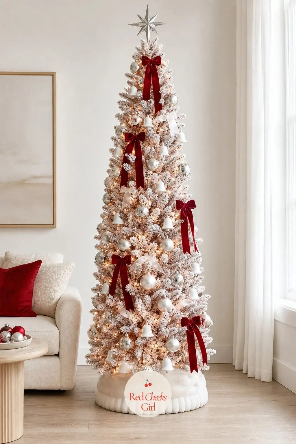 A Blush-Flocked Tree for the White Living Room — A slim flocked artificial tree stands in a bright white living room with pale oak floors and a pale low sofa