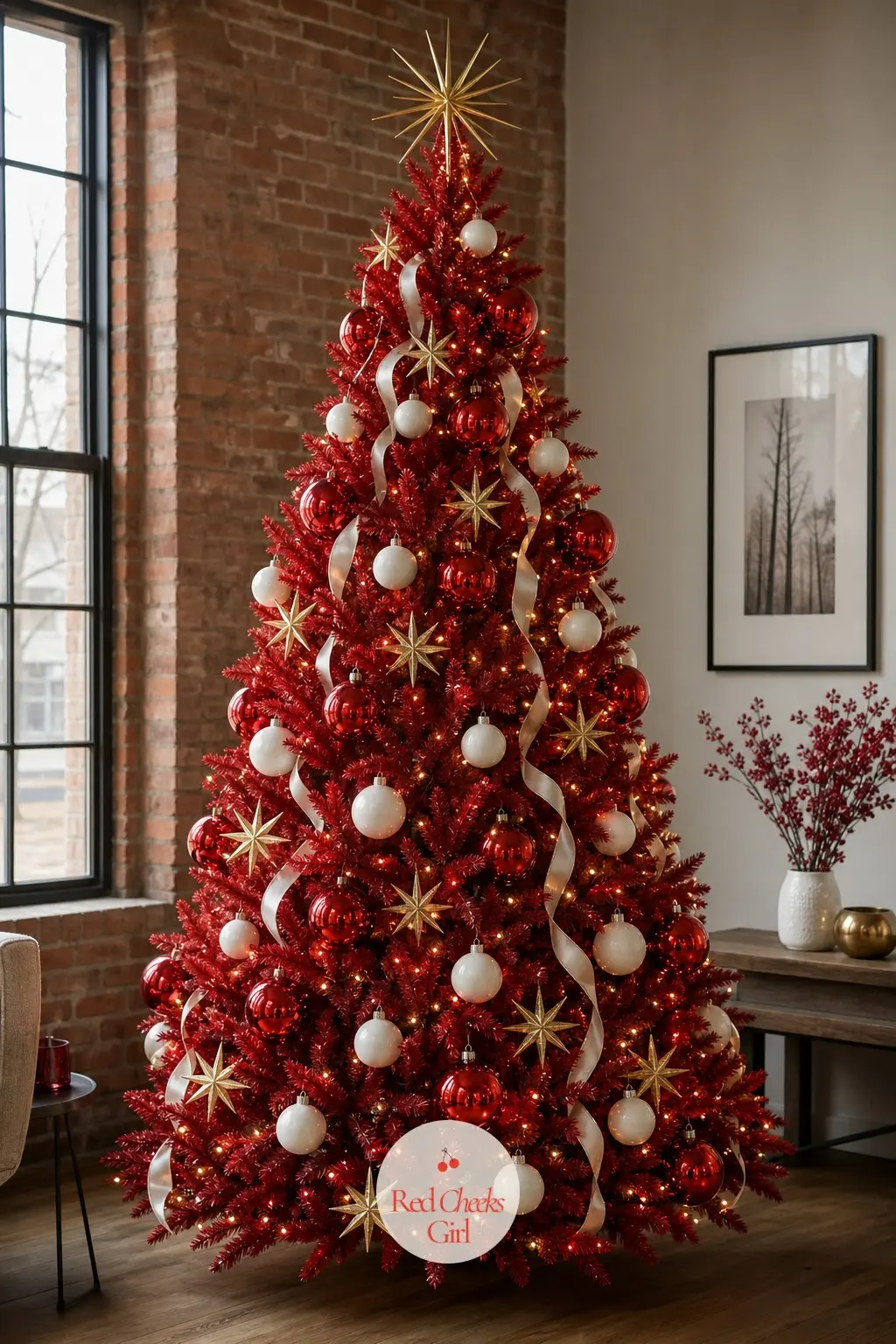 A Bold Crimson Tree for the Brick Loft — A full, tall artificial tree holds its own against the brick and tall windows of a loft, built from oversized crimson