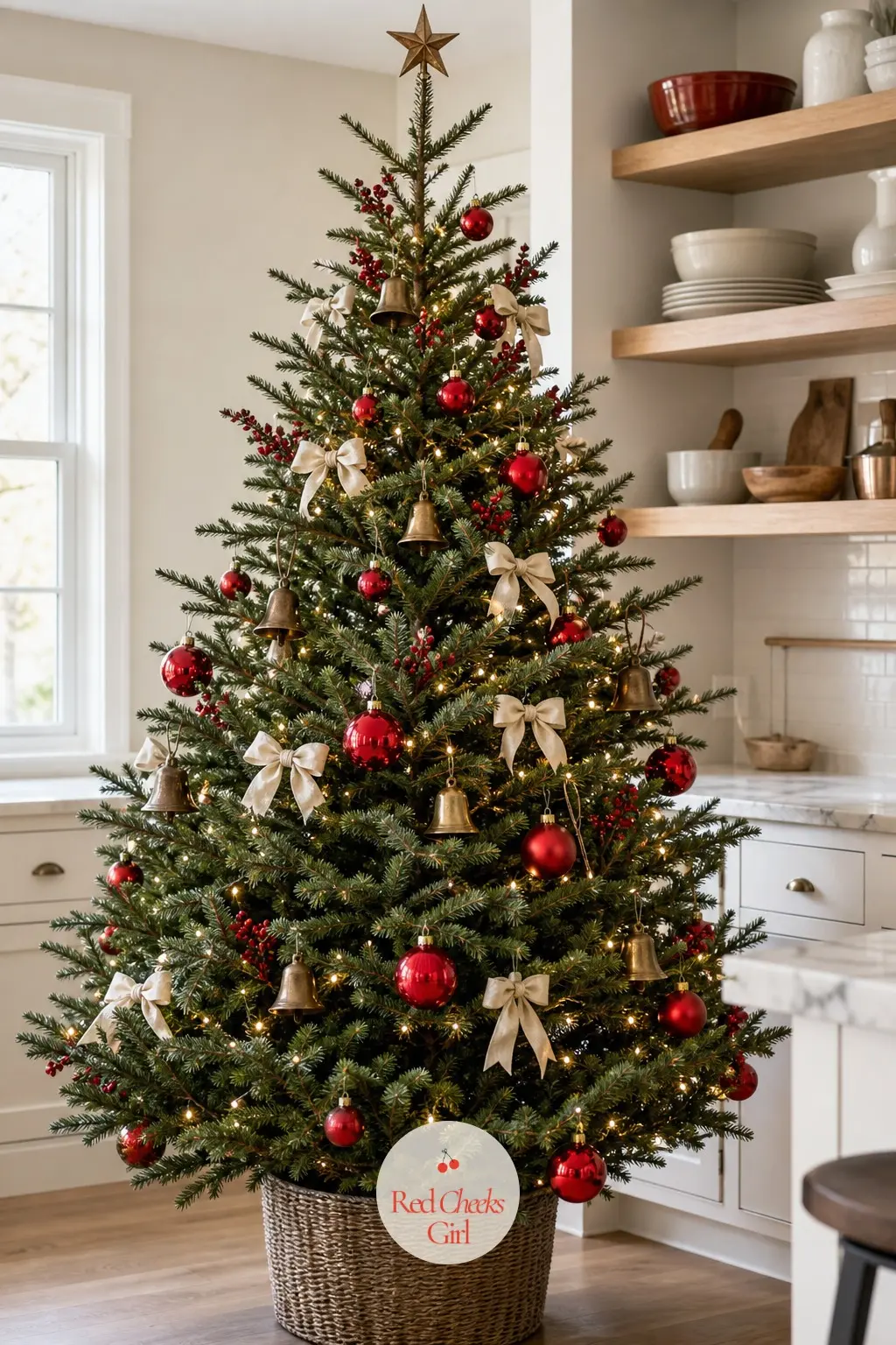 A Bronze Bell Tree on the White Kitchen Counter — A small potted real tree sits on the marble counter of a white kitchen, next to open shelves and a bowl of