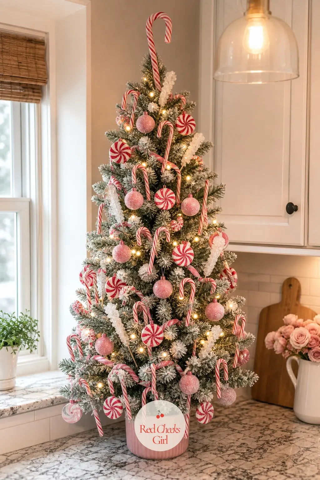 A Candy Counter Tree in the Kitchen Corner — A small potted artificial tree sits on the counter in a kitchen corner, built almost entirely from candy shapes