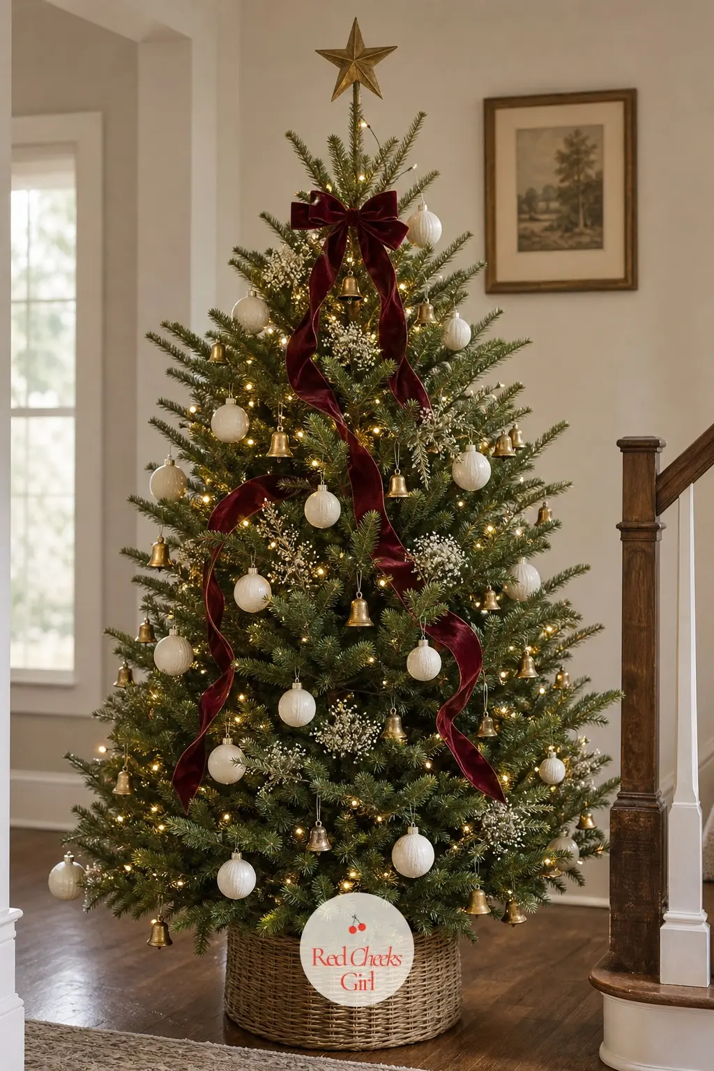 A Cranberry Bell Tree on the Landing — A small potted real tree stands on the landing at the top of the stairs, dressed in ivory ceramic balls, brass bells and