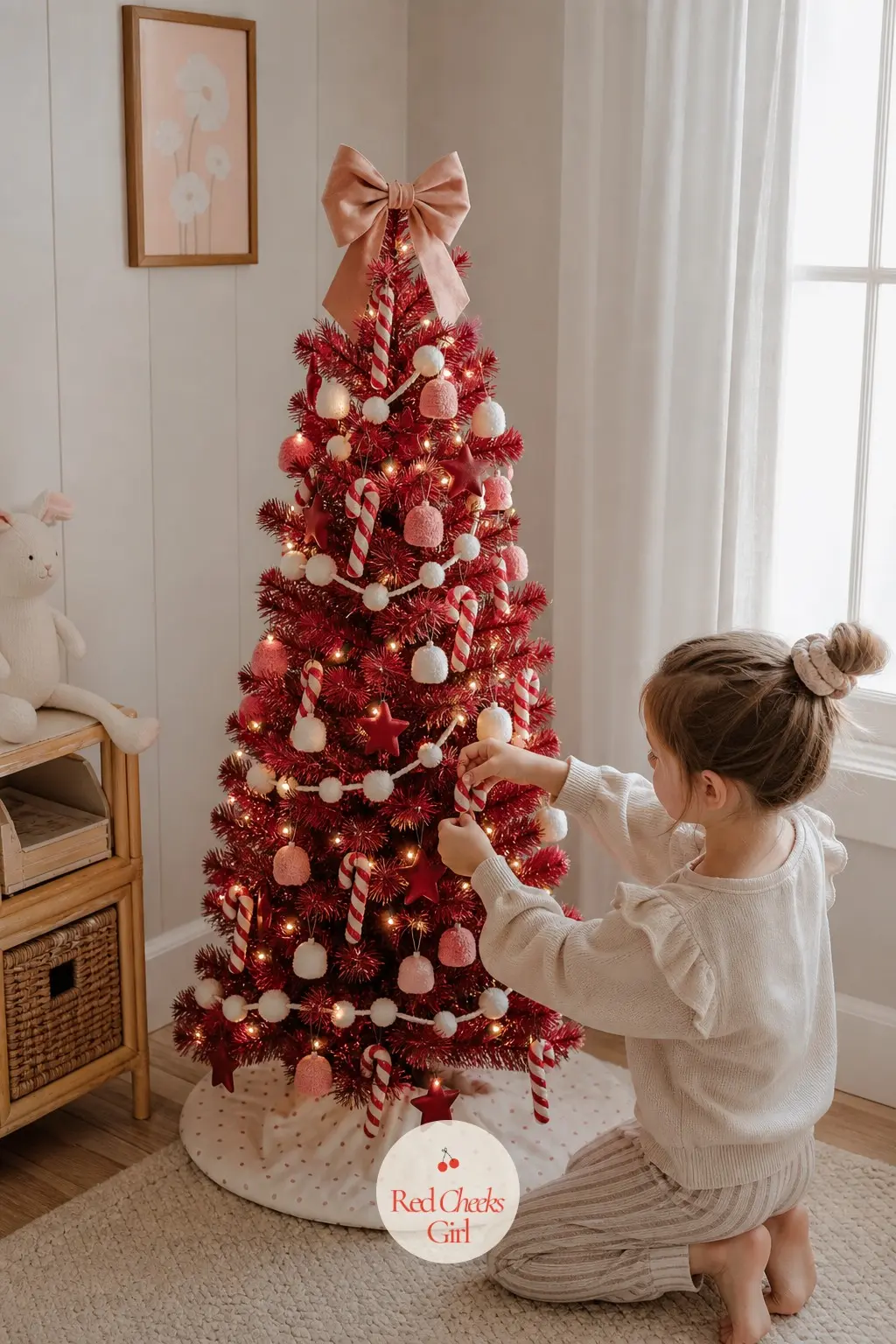 A Felt Candy Tree for the Nursery Corner — A small artificial tree stands in a nursery or child's room, dressed entirely in soft felt rather than glass, candy