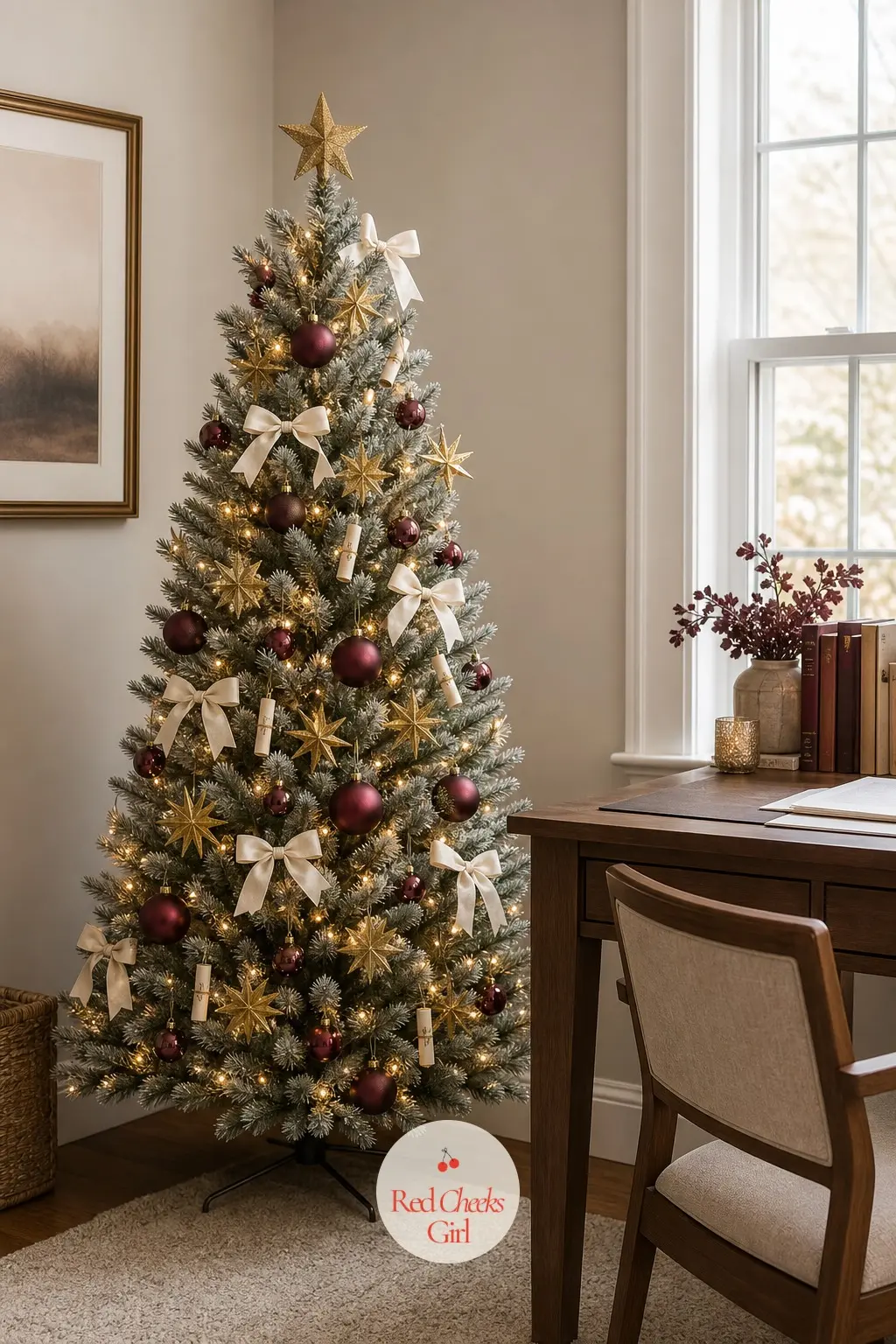 A Gold Leaf Tree Behind the Desk — A small artificial tree sits behind the desk in a home office, built from paper and glass rather than anything that needs