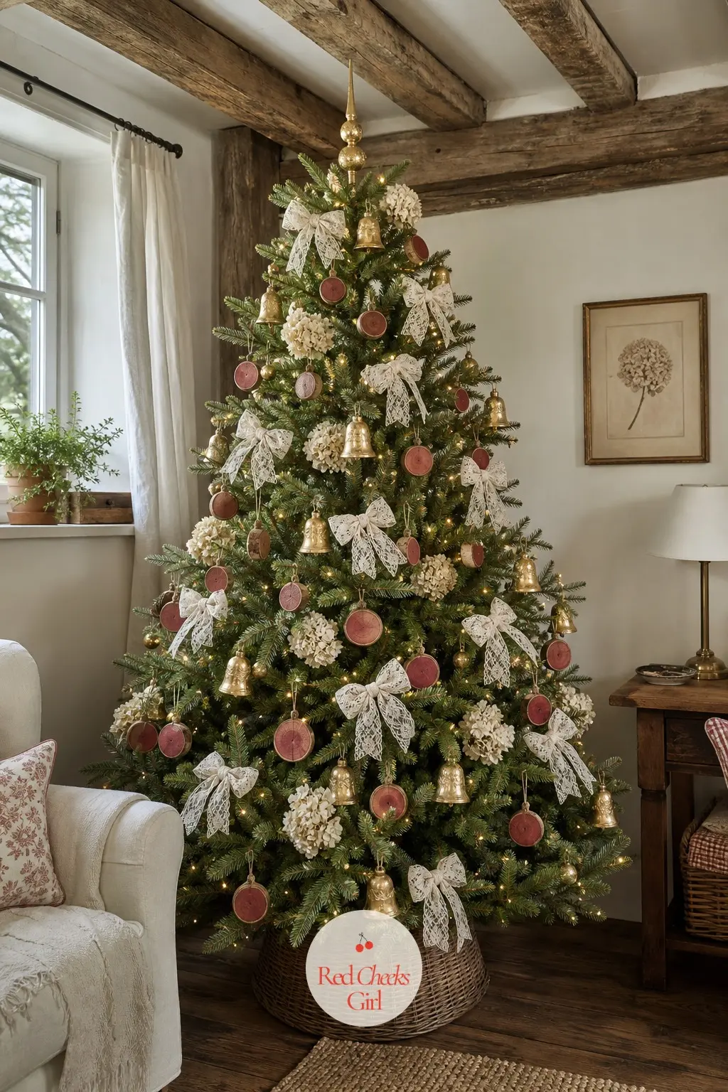 A Lace and Gold Tree Under the Cottage Beams — A real tree sits low under the beams of a cottage sitting room, cream lace bows and antique gold bells softening