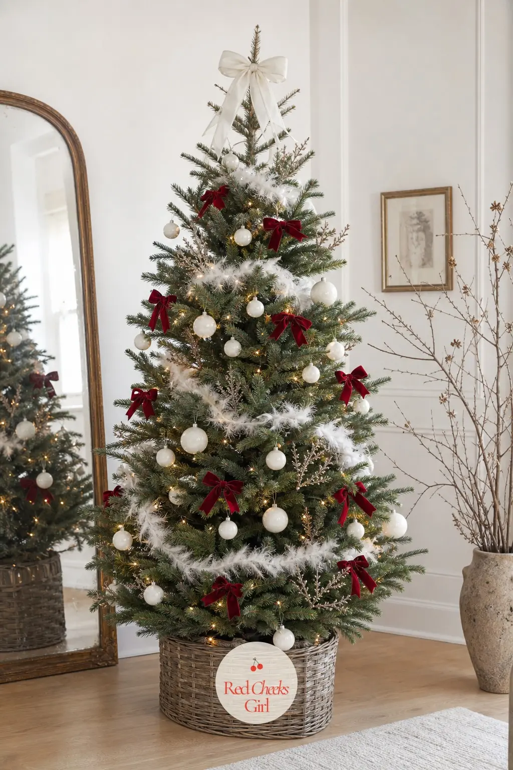 A Milk-White Tree Among the Dried Branches — A slim real tree stands in a calm white room beside an antique mirror and a tall vase of dried branches, dressed