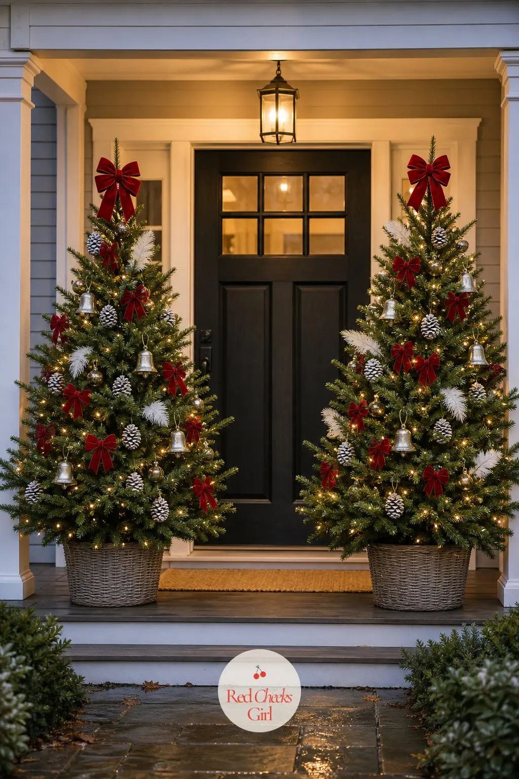 A Pair of Holly Red Trees on the Porch — A pair of potted real trees flank the door of a covered porch, white-dipped pinecones and nickel bells catching the