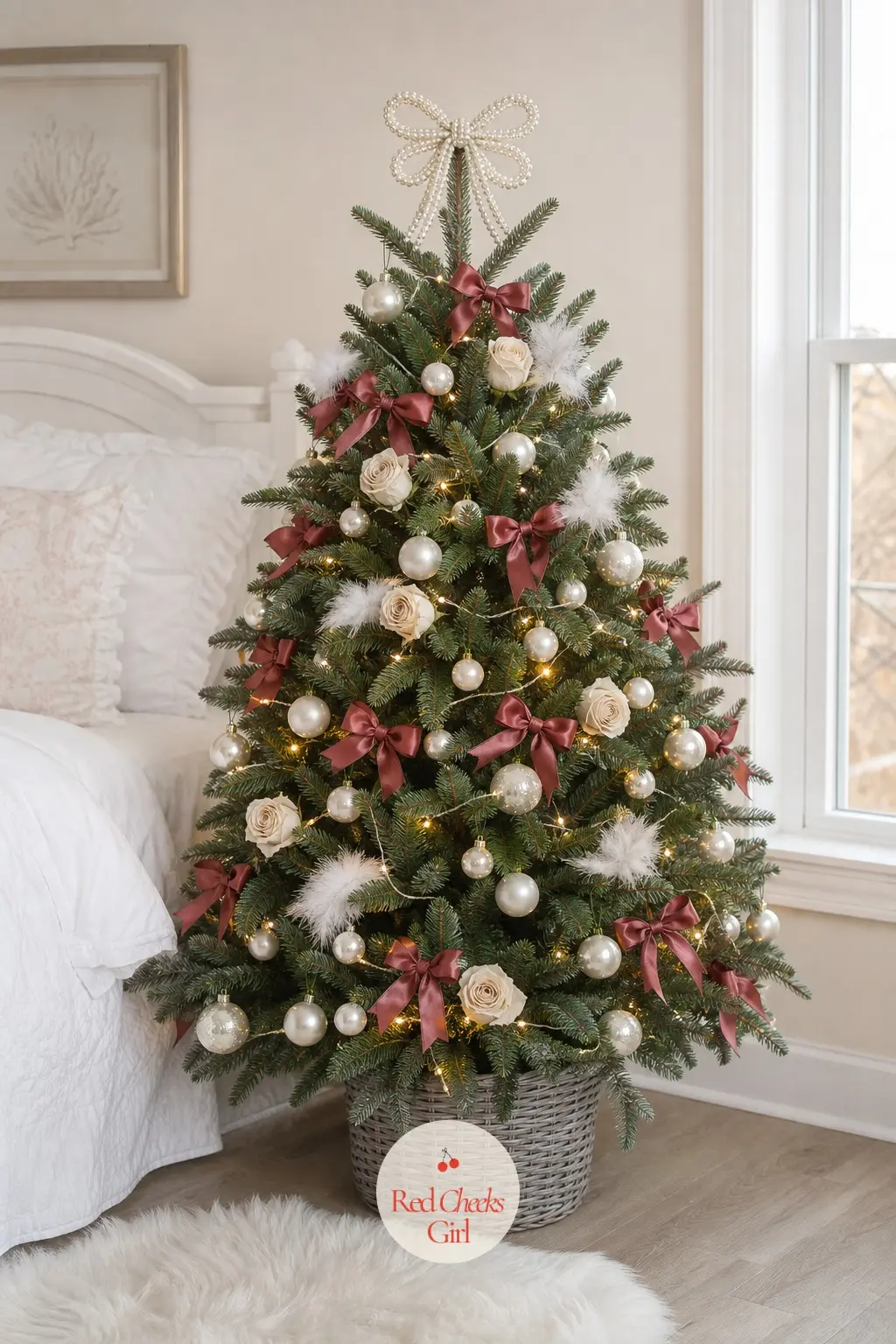 A Pearl and Silk Tree for the White Bedroom — A small potted real tree stands in a white bedroom with crisp bedding and a bare window, dressed almost entirely