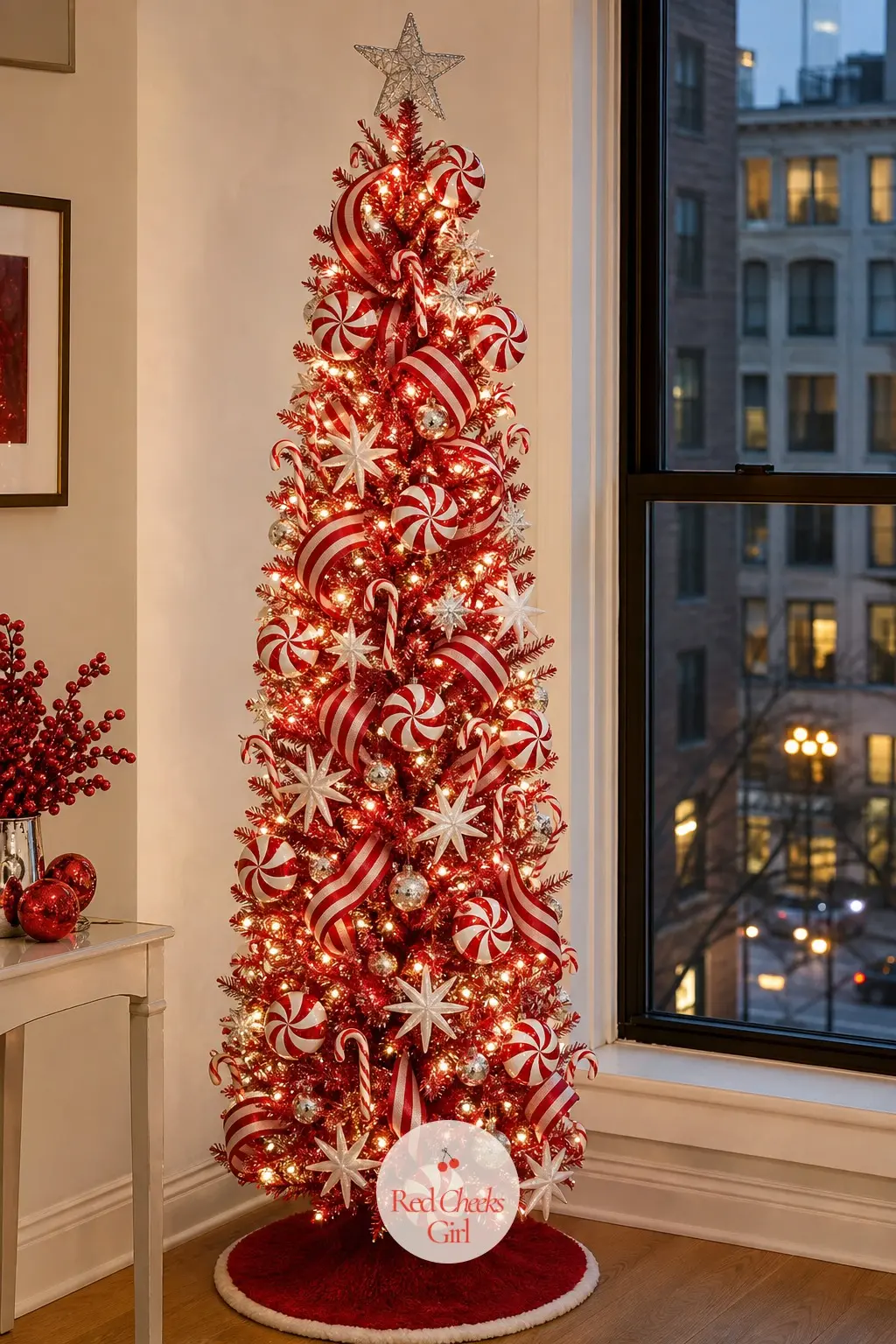 A Peppermint Pencil Tree in the Window — A slim artificial pencil tree stands in the front window of a city flat, wrapped diagonally in a wide red and white