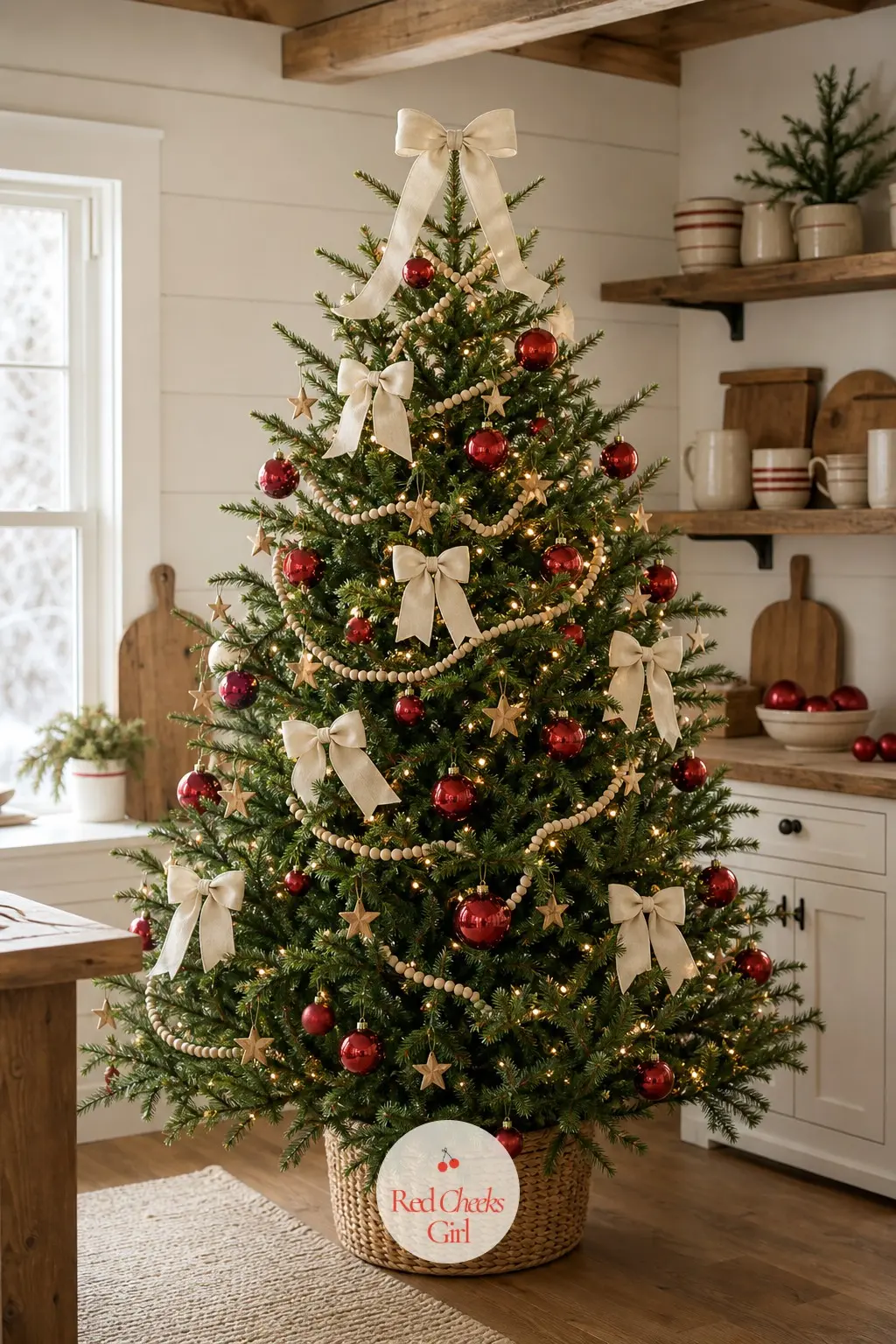A Red and White Stripe Tree for the Farmhouse Table — A full real tree stands near the open shelves of a farmhouse kitchen, strung with a wooden bead garland