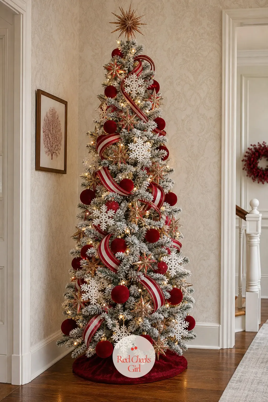 A Scarlet Stripe Tree Against the Hallway Paper — A slim artificial tree stands in a papered hallway, the stripe this time carried in scarlet velvet balls and