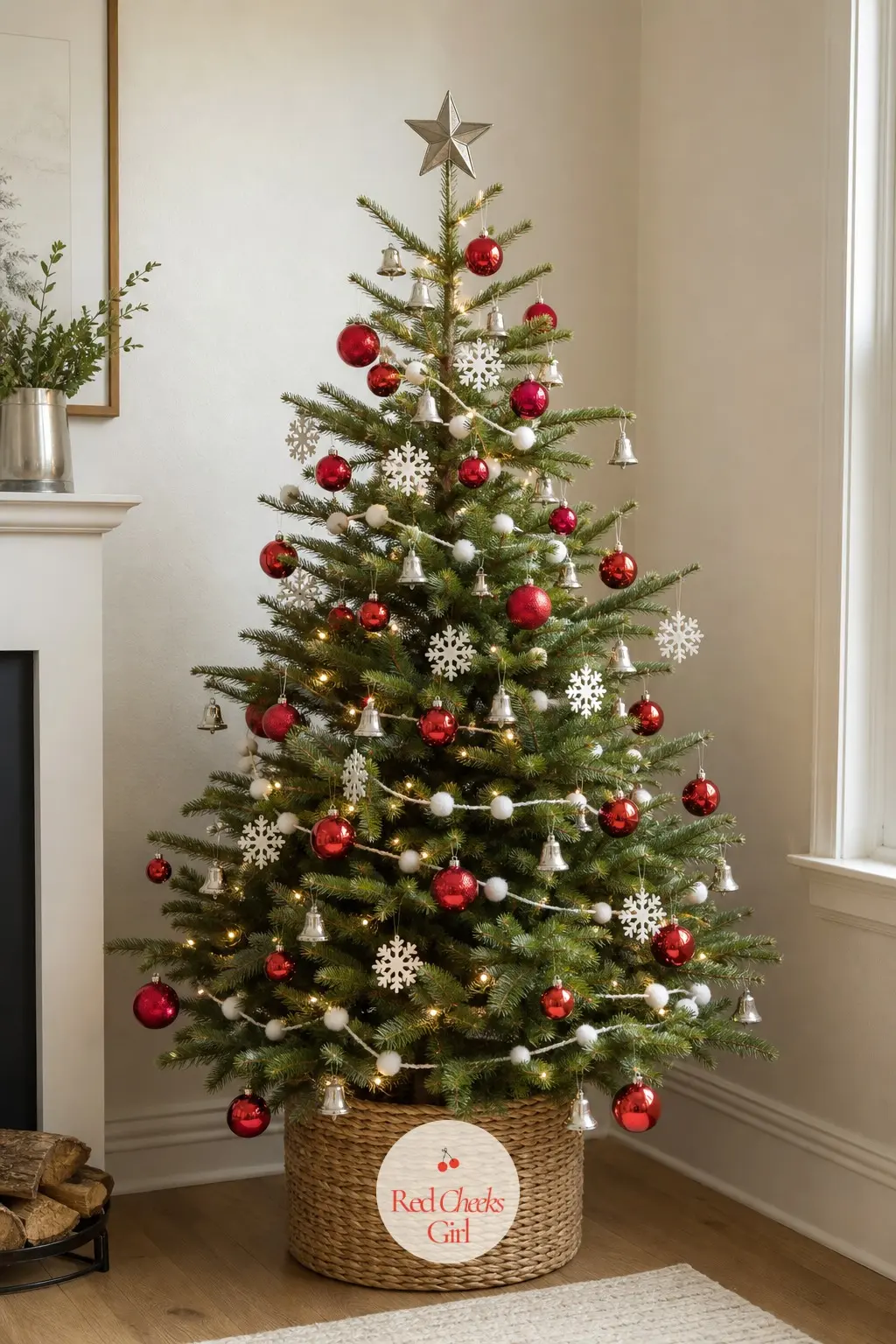 A Small Red and White Tree for the Flat's Corner — A small potted real tree takes the one free corner of a small flat, kept deliberately simple: candy apple