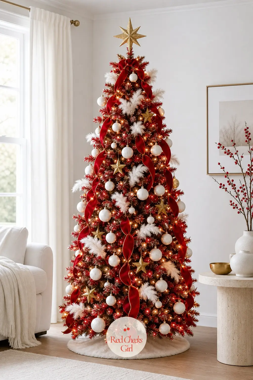 A Statement Red Tree for the Serene White Room — A full, floor-to-ceiling artificial tree anchors a serene white sitting room with a low travertine table and a