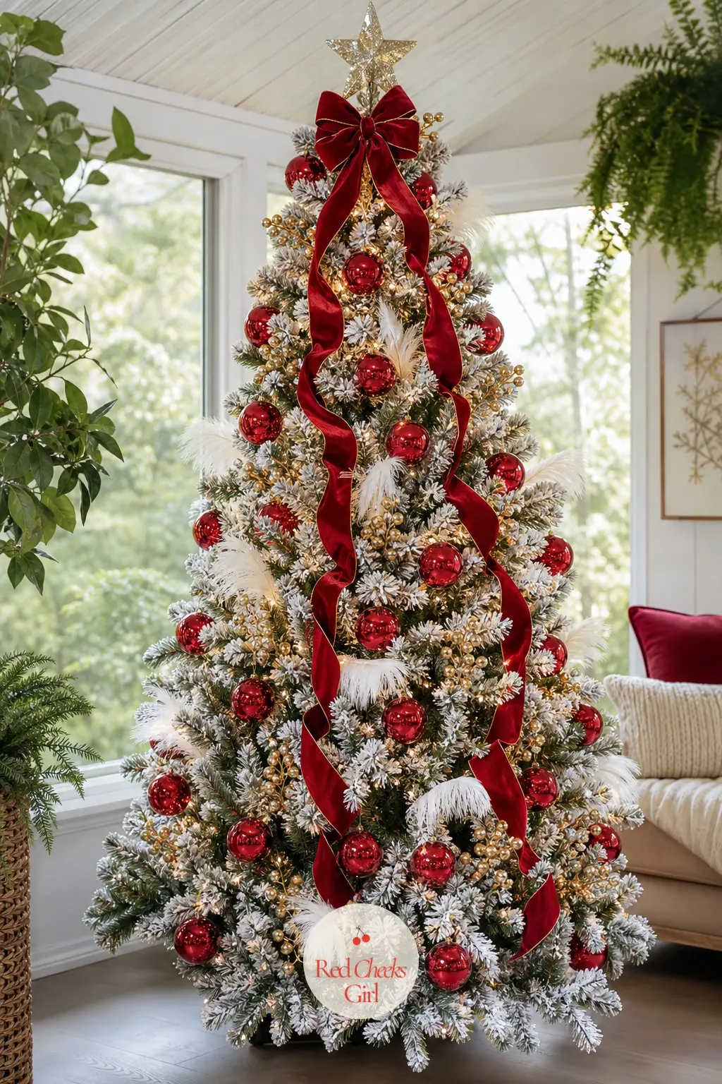 A Sugar-Flocked Giant for the Sunroom — A full, floor-to-ceiling flocked artificial tree fills a sunroom corner, its white coating doing most of the visual
