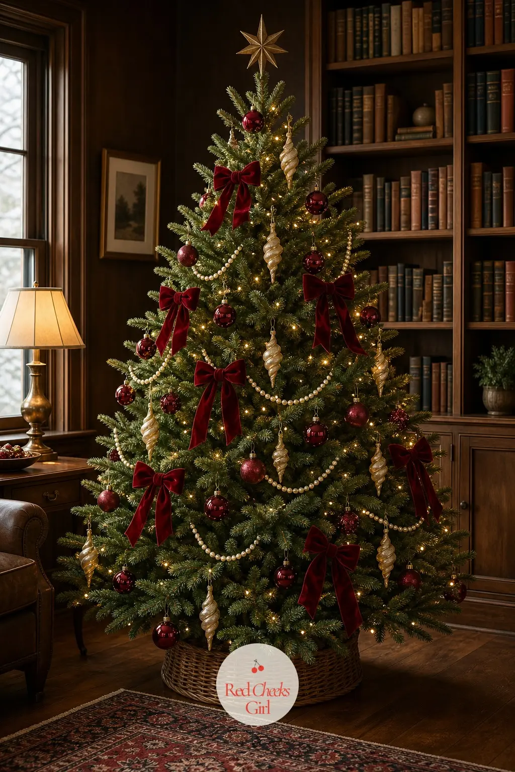 A Velvet and Brass Tree for the Study — A full real tree stands in a study lined with books, its ivory beaded garland and brass paper-scroll finials picking up