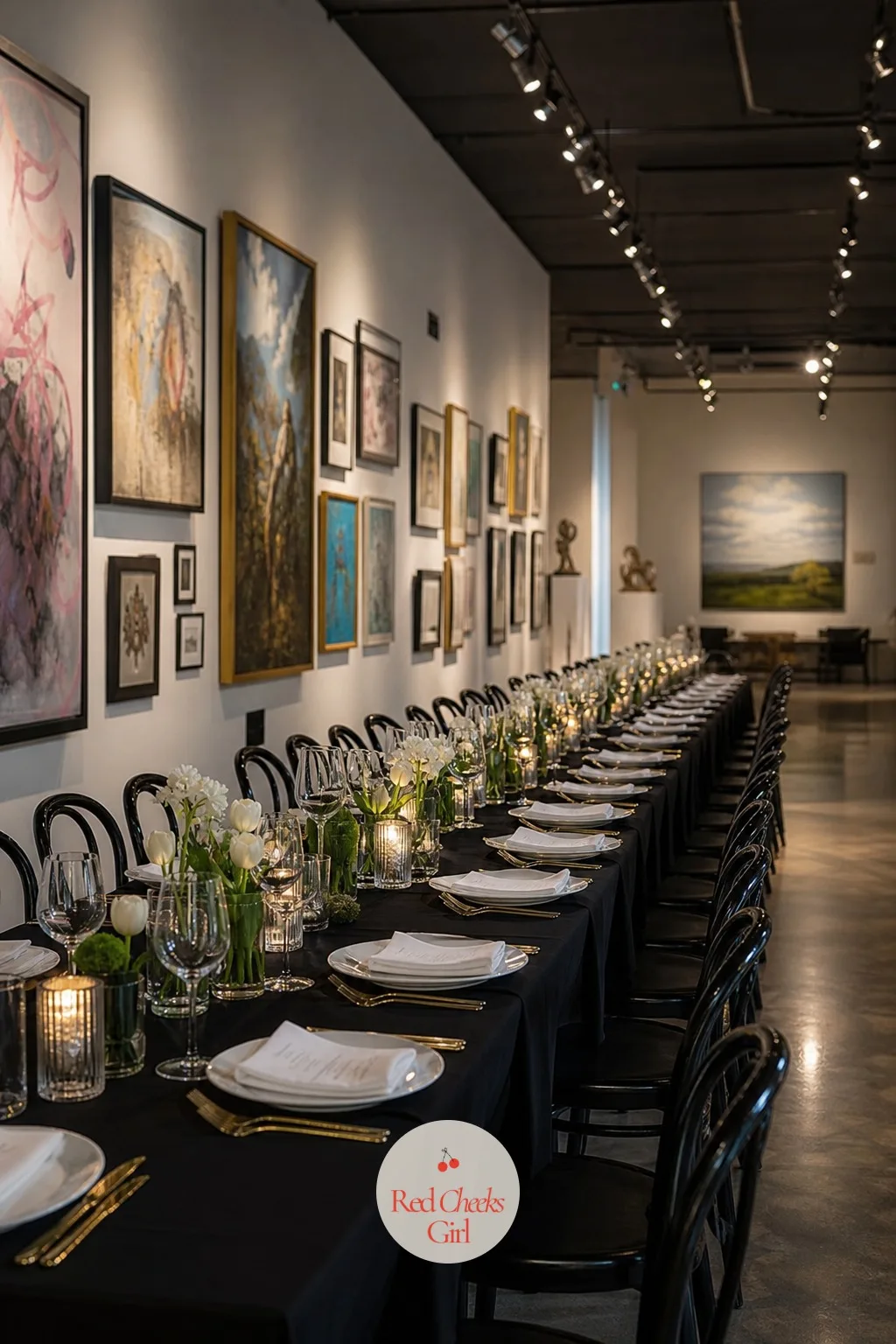Art Gallery Dinner Among the Exhibits — A long table set between gallery walls, with real paintings or sculpture still in place, gives the room an instant